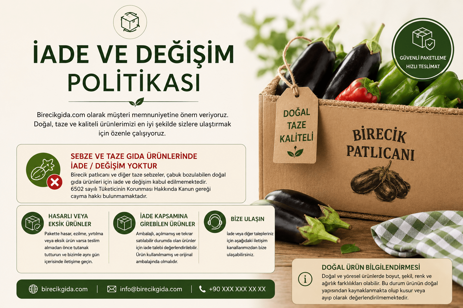 Birecikgida.com iade ve değişim politikası görseli. Taze sebze ve doğal gıda ürünlerinde iade koşulları, güvenli teslimat ve müşteri bilgilendirme detayları.